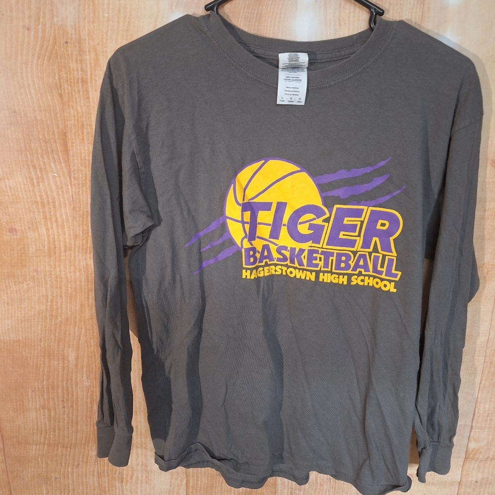 Gildan Long Sleeve Tee - Gray with Purple and Yellow Print